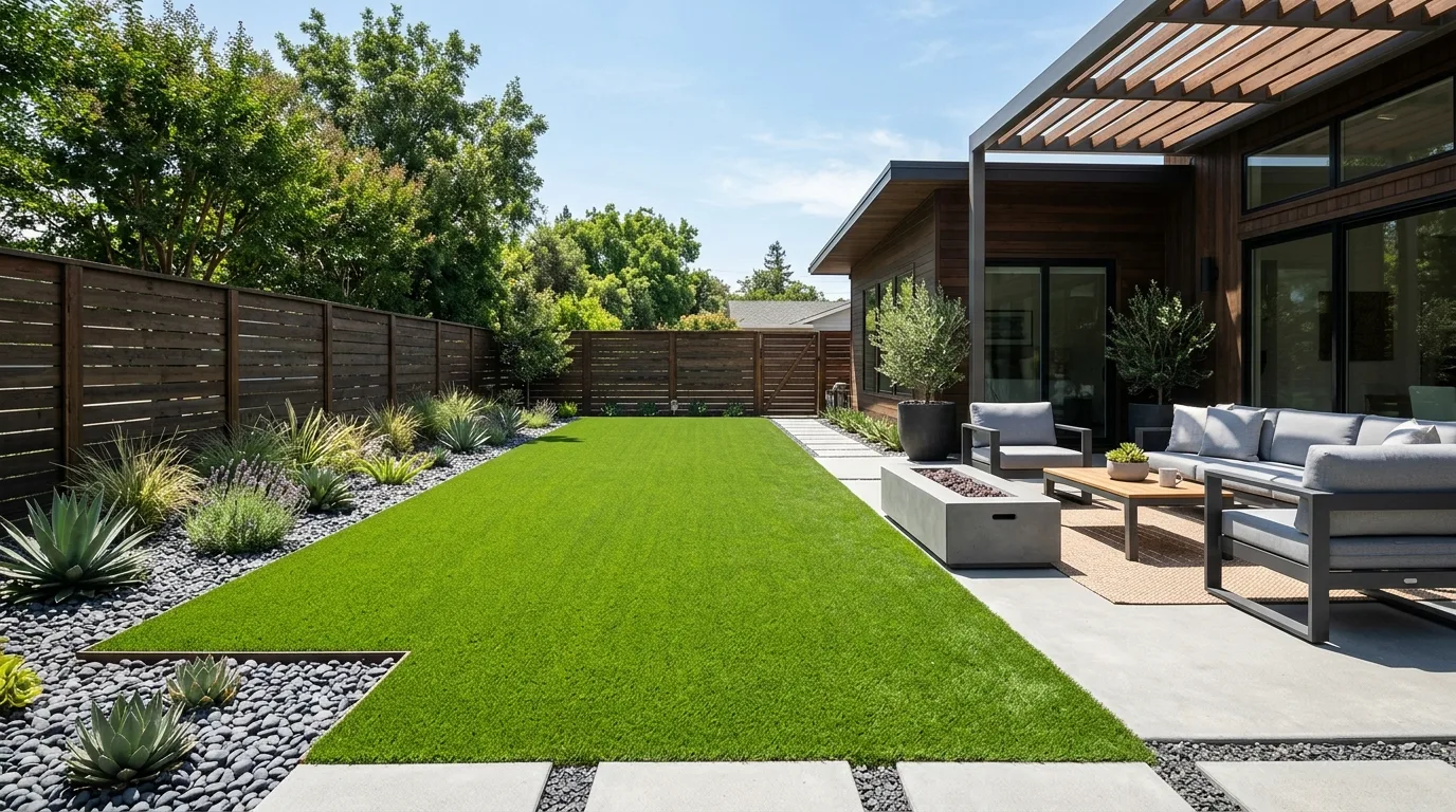 Modern backyard with artificial turf and contemporary outdoor furniture.