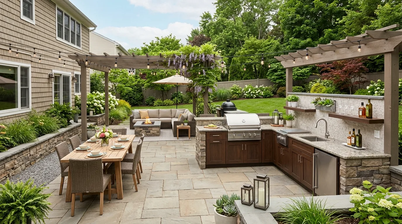 Backyard renovation with outdoor kitchen, grill, and dining patio.