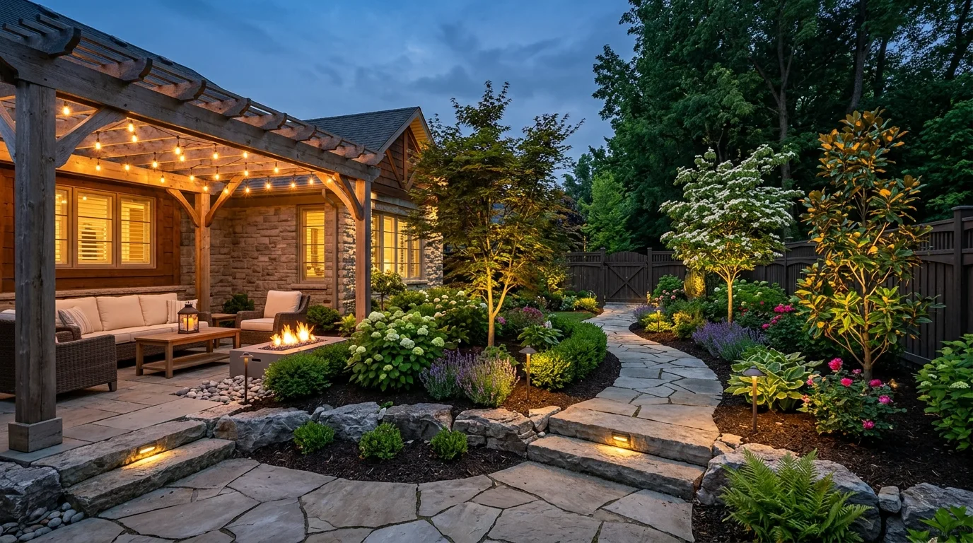 Backyard refresh with new trees, shrubs, and lighting upgrades.