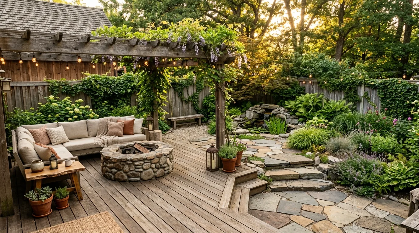 Rustic backyard renovation with wooden deck, stone accents, and cozy seating.