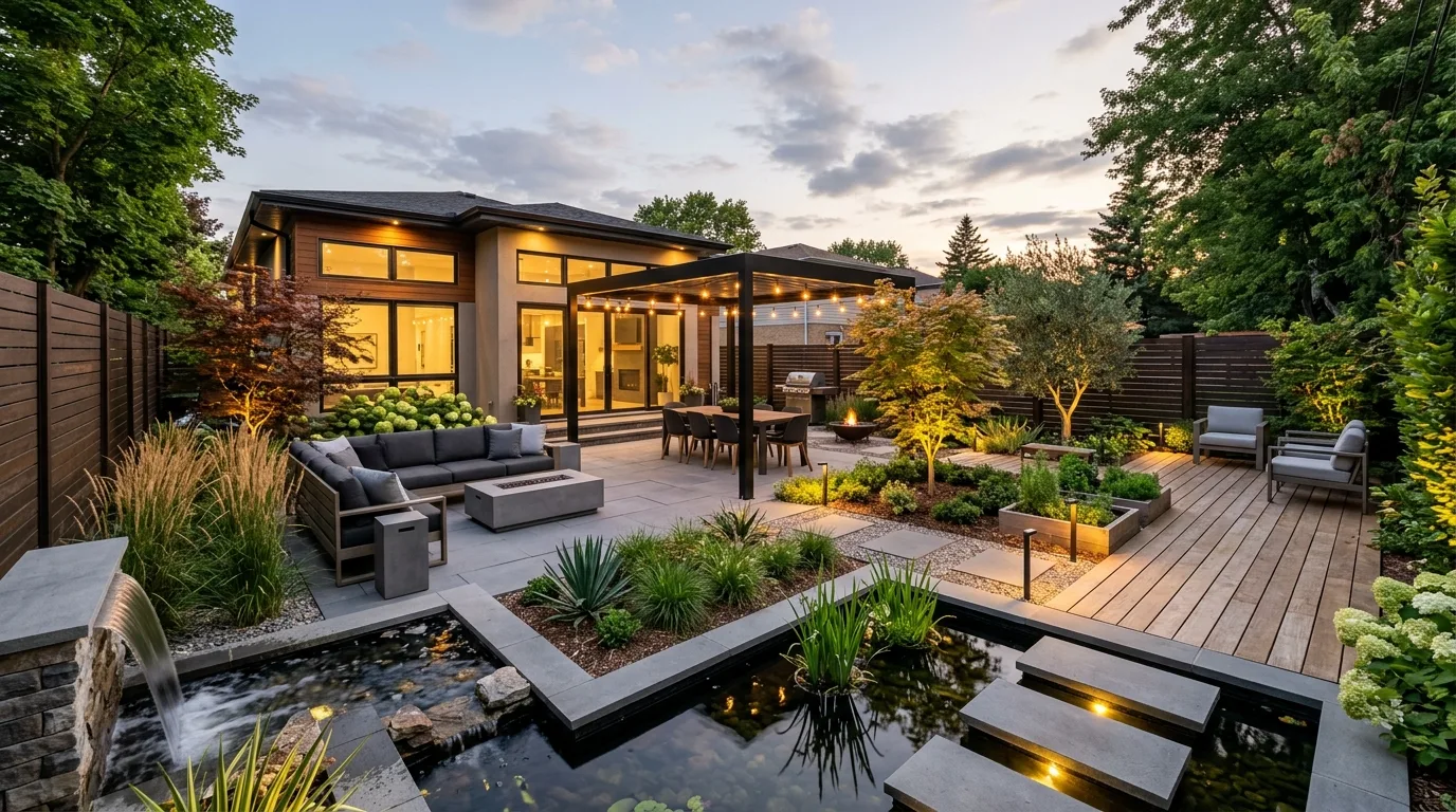 Fully renovated backyard with coordinated landscaping, lighting, and seating areas.