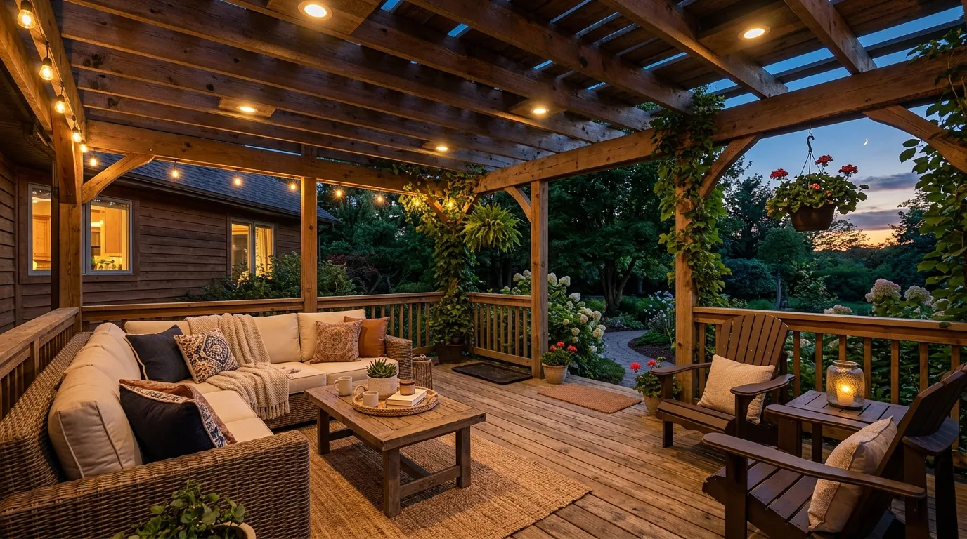 Covered wooden deck with waterproof recessed ceiling lights in the pergola roof.