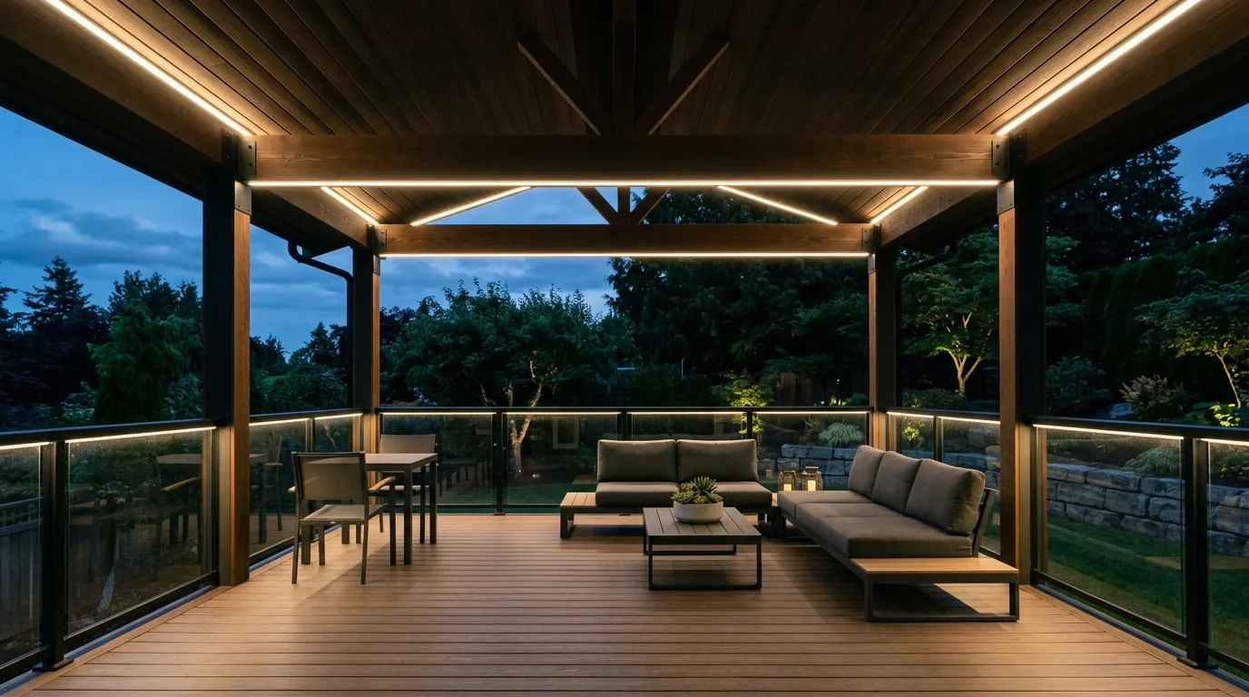 Modern covered deck with weatherproof LED strip lighting under railings and beams.