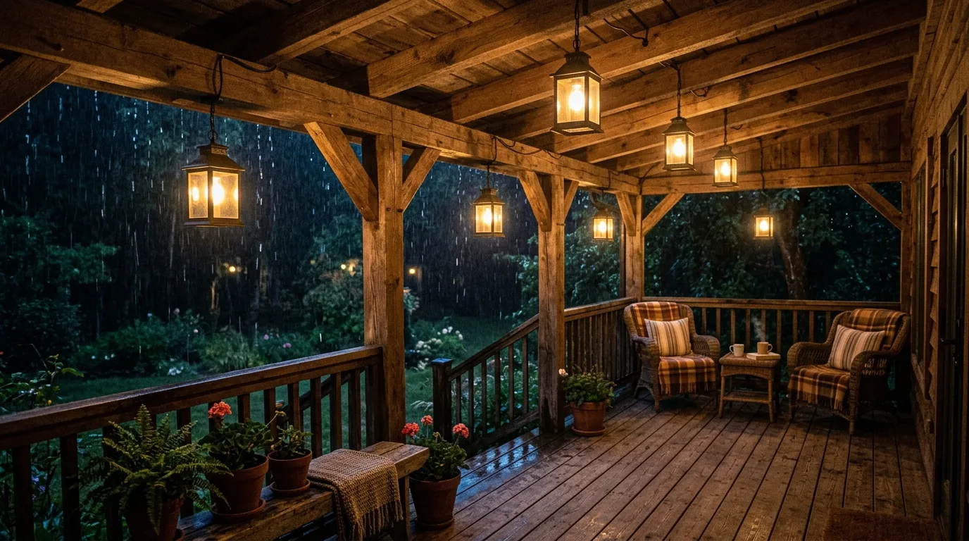 Rustic covered deck with lantern-style waterproof lights hanging from wooden beams.