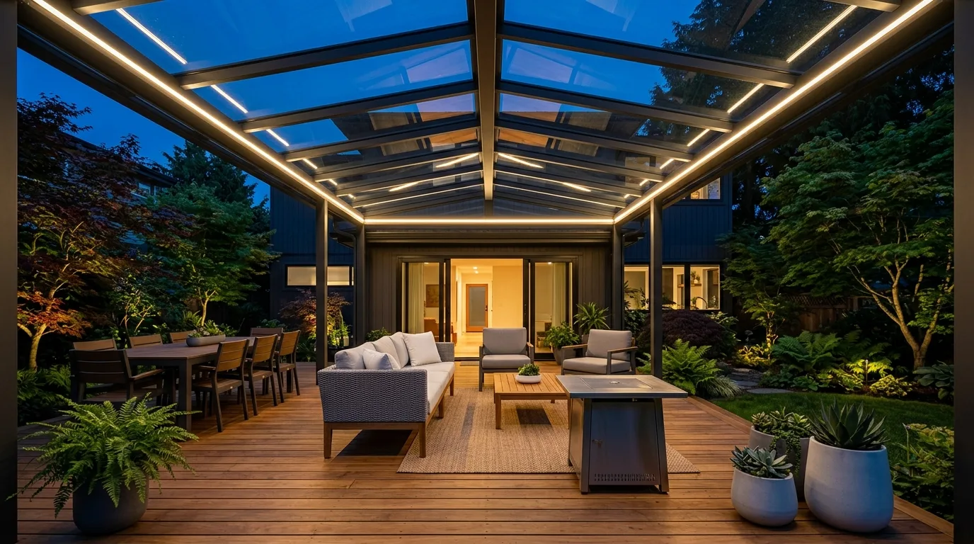 Covered outdoor deck with glass roof panels and integrated LED lighting.
