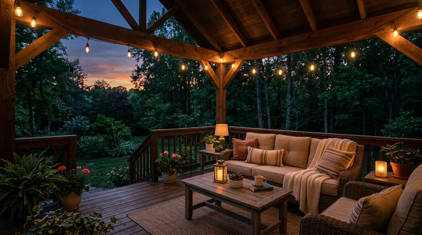 Cozy covered deck with weather-rated string lights draped across the beams.