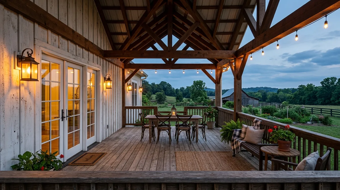 Farmhouse-style covered deck with wall-mounted weatherproof sconces.