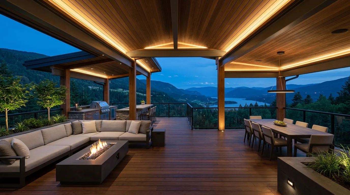 Luxury covered deck with hidden LED cove lighting in the ceiling edges.