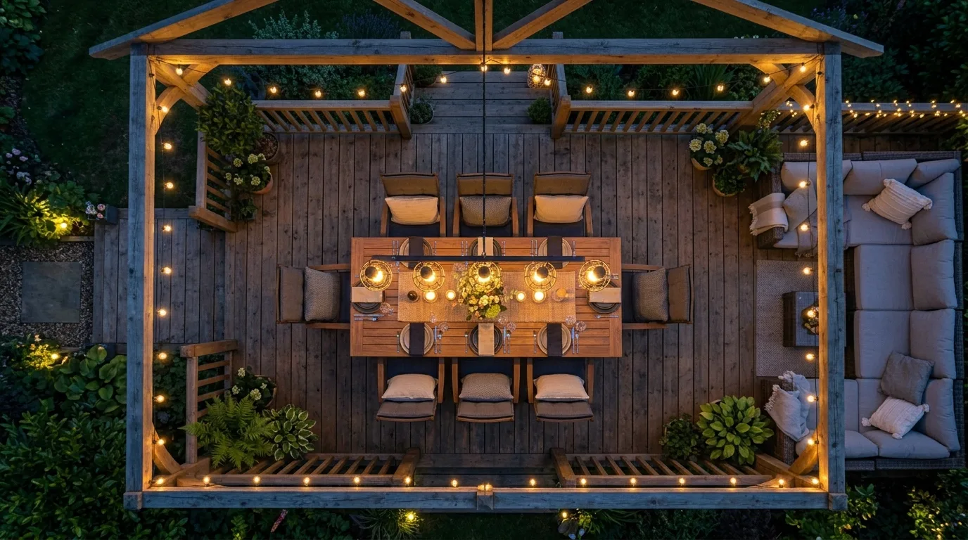 Covered deck dining area with waterproof pendant lights above a wooden table.