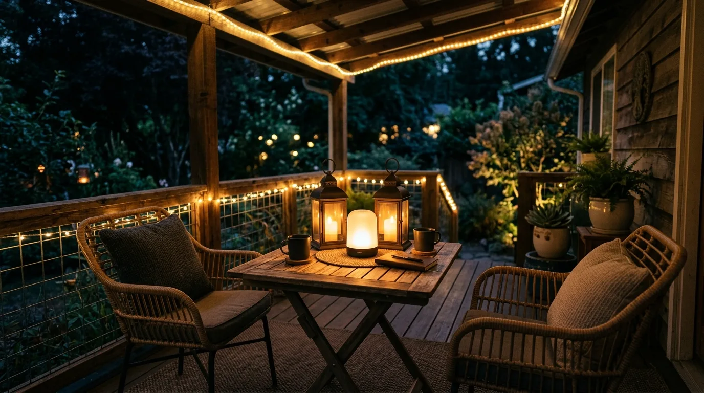 Small covered deck with portable weather-resistant lanterns and LED table lights.