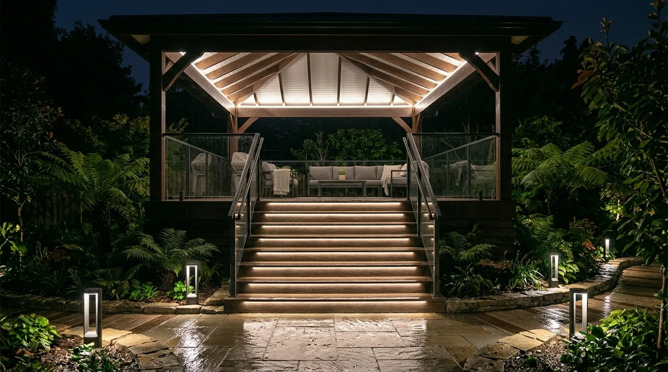 Covered deck with rain-proof step lighting illuminating the stairs.
