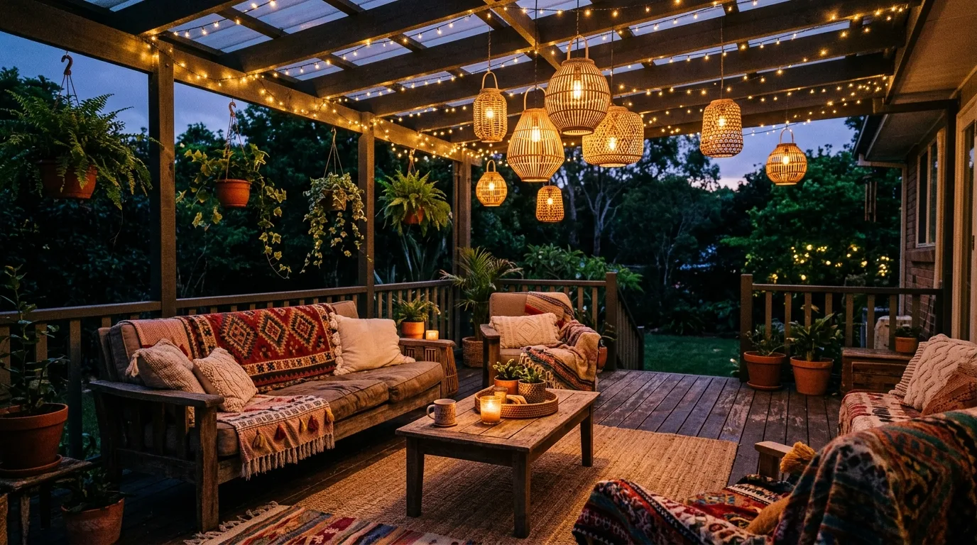 Boho covered deck with waterproof fairy lights and woven lantern decor.