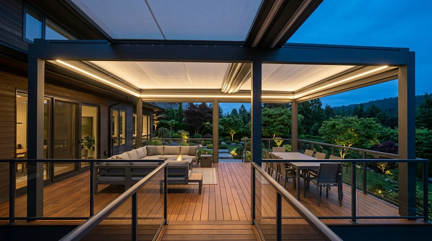 Covered deck with retractable roof and integrated LED lighting system.