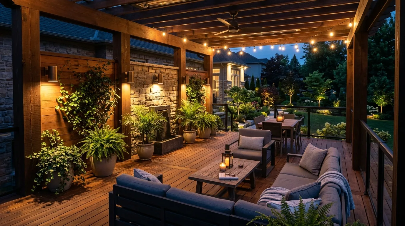 Covered patio deck with wall washers casting soft light on textured wood and plants.