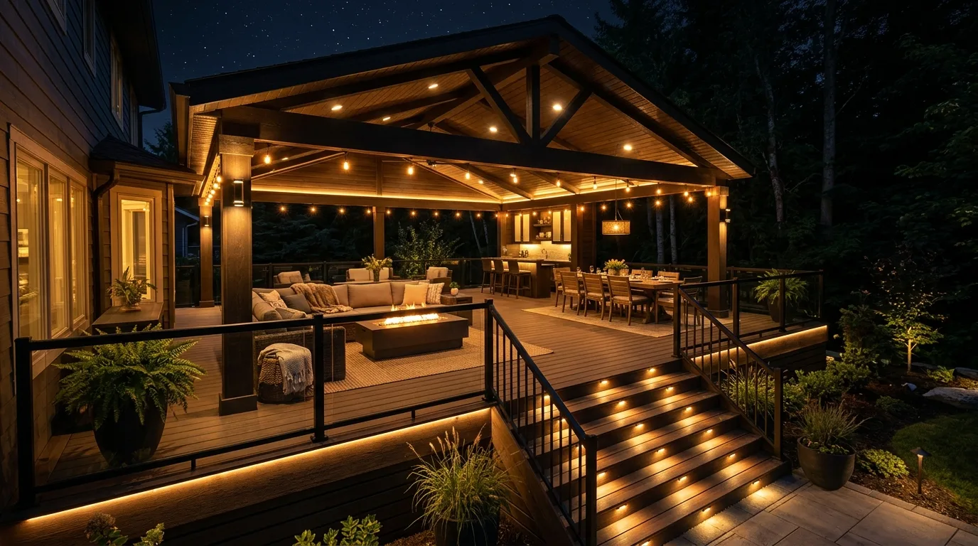 Fully illuminated covered deck with layered waterproof lighting for all-weather entertaining.