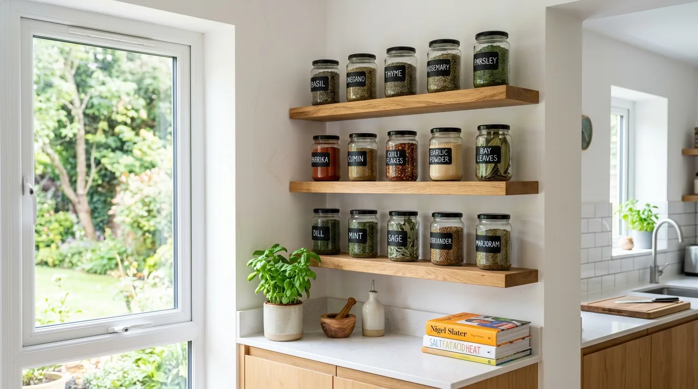 Kitchen herb corner with labeled glass jars arranged on floating wooden shelves.
