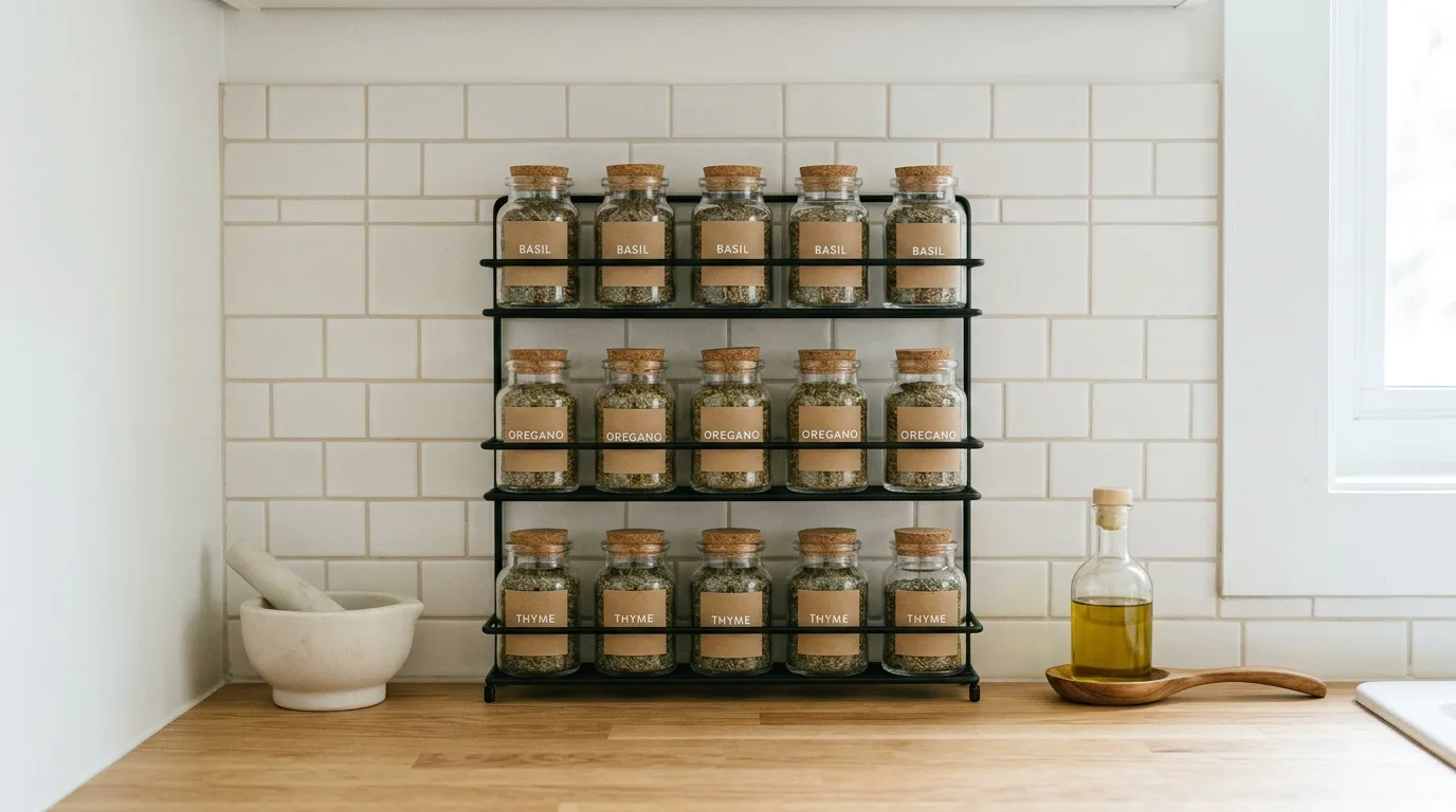 Compact dry herb storage corner using a tiered spice rack with labeled jars.