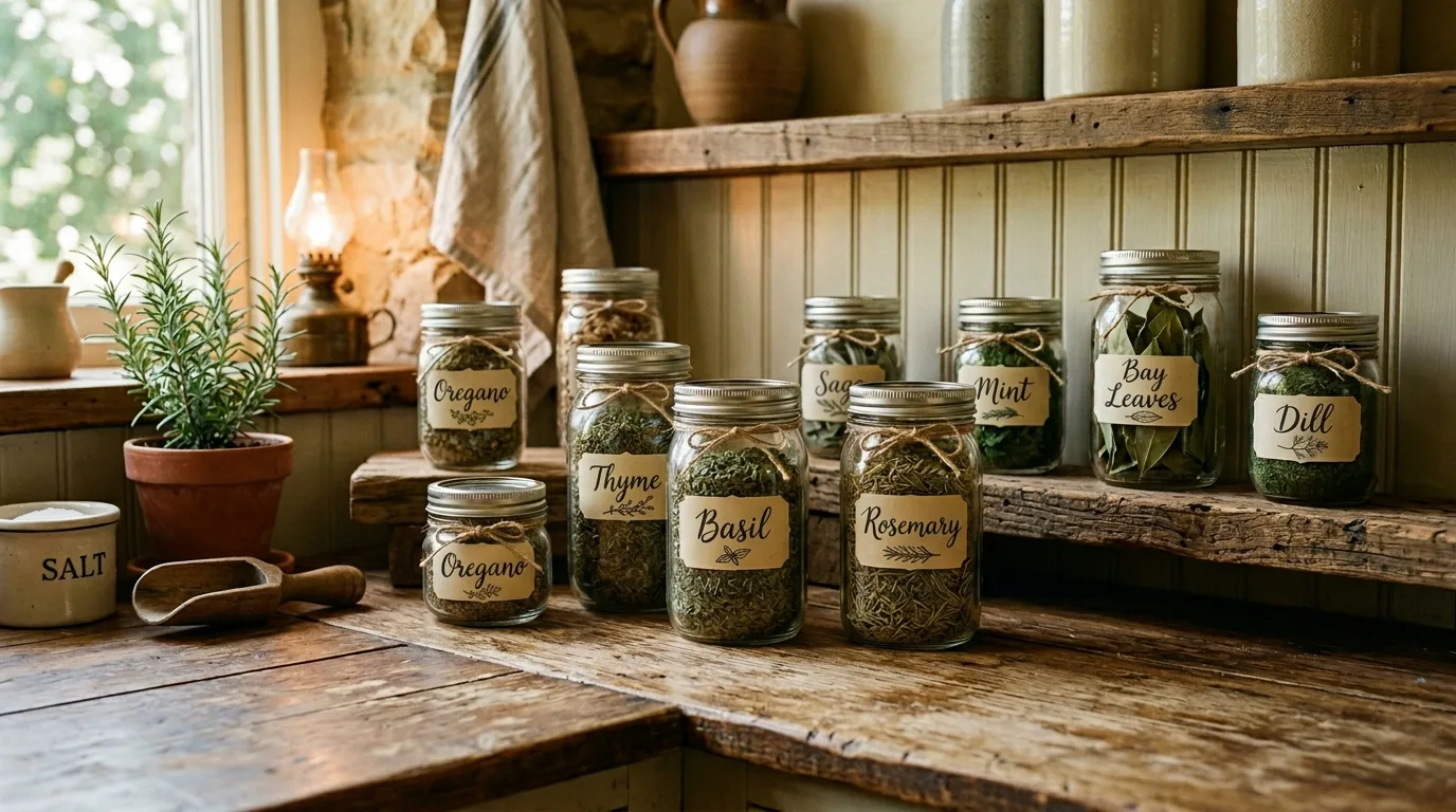 Rustic kitchen herb storage setup with mason jars and handwritten labels.