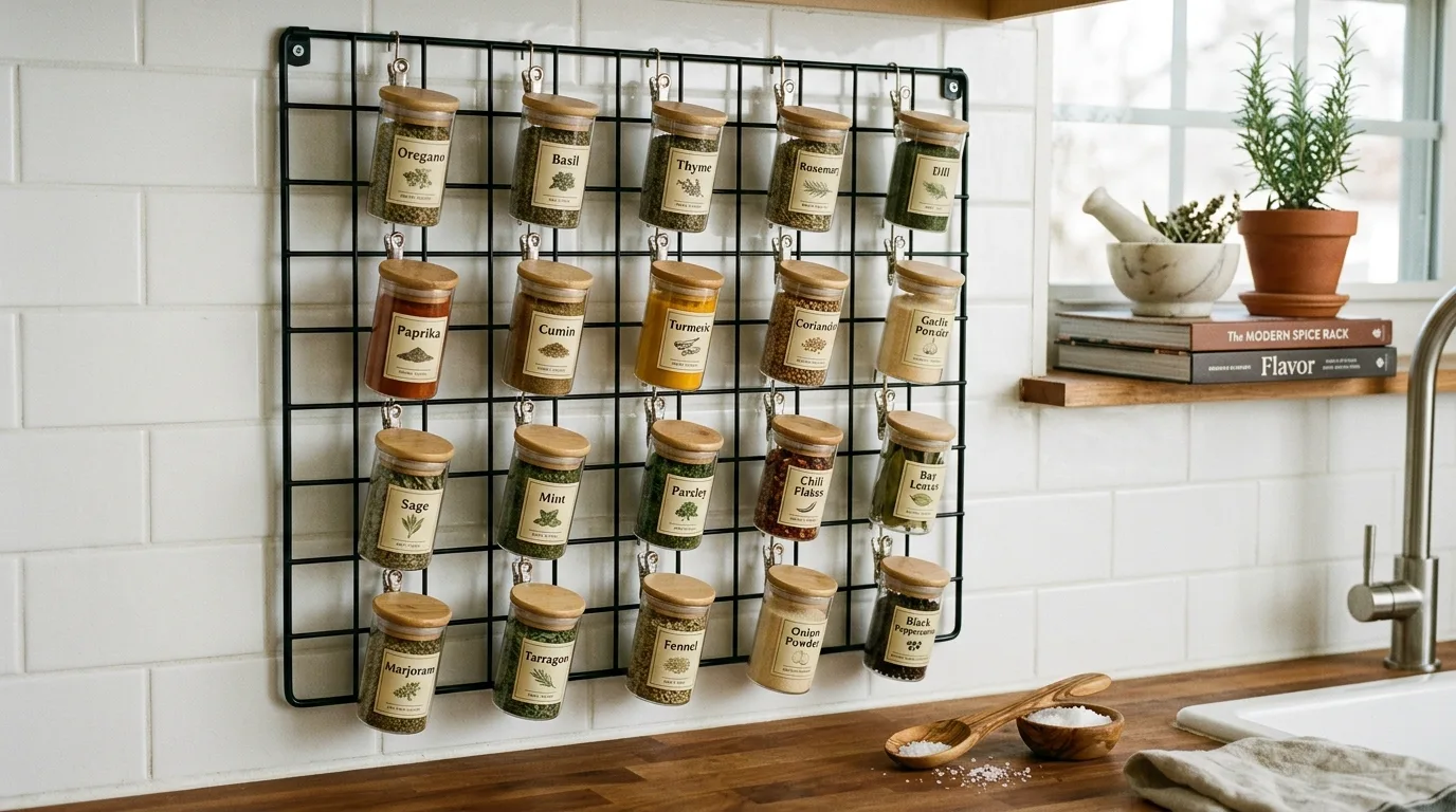 Wall-mounted dry herb storage system with jars clipped to a metal grid.