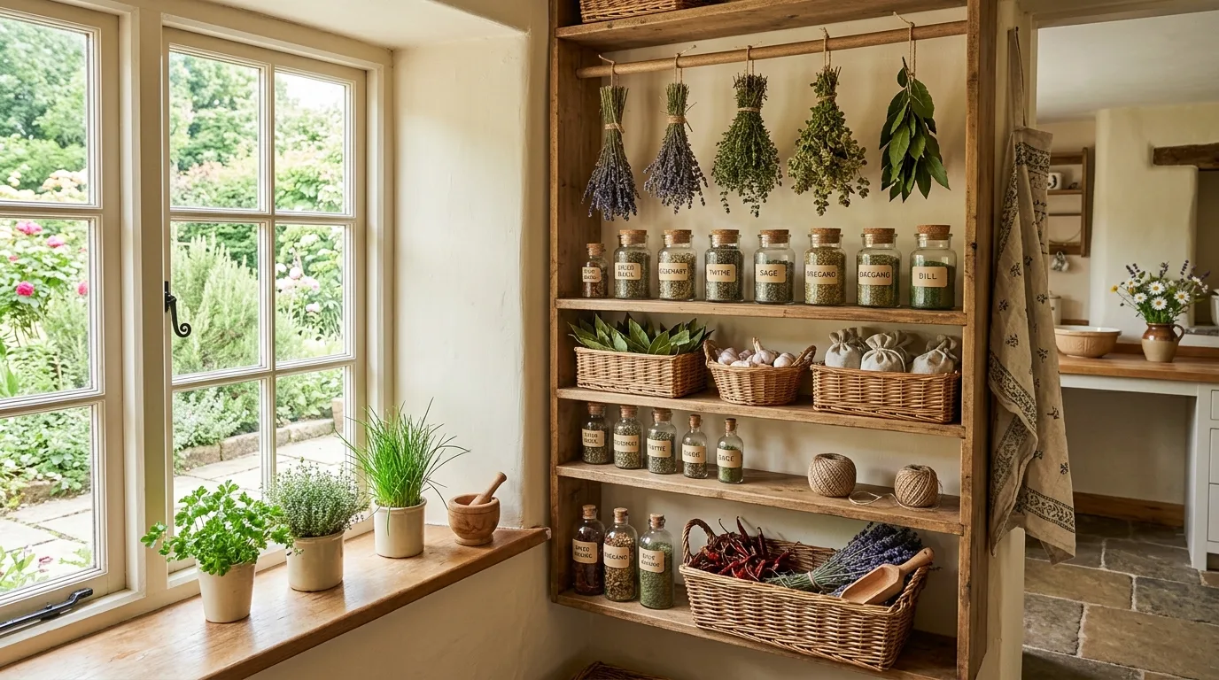 Farmhouse-style kitchen herb corner with wicker baskets, glass jars, and wooden shelves.
