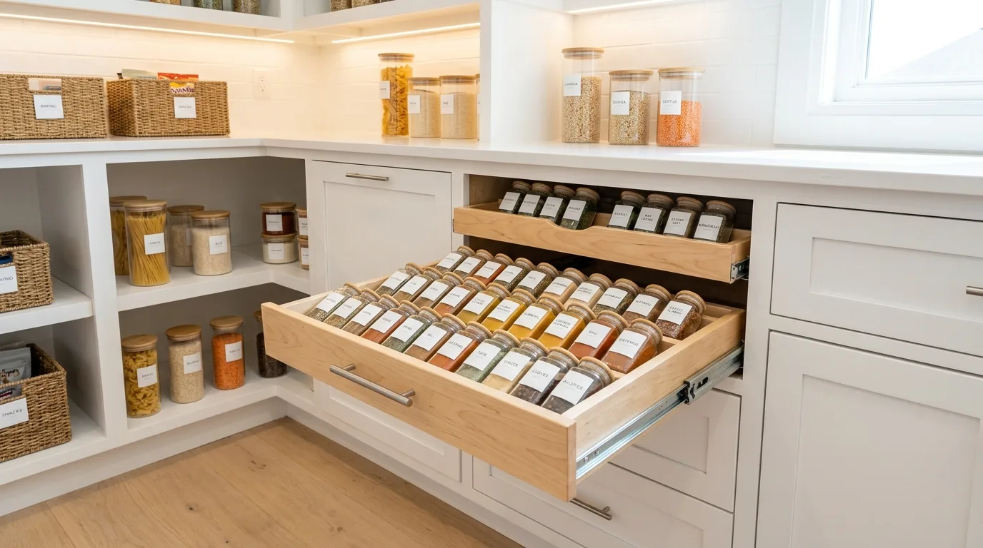 Modern pantry corner with airtight spice containers aligned on pull-out shelves.