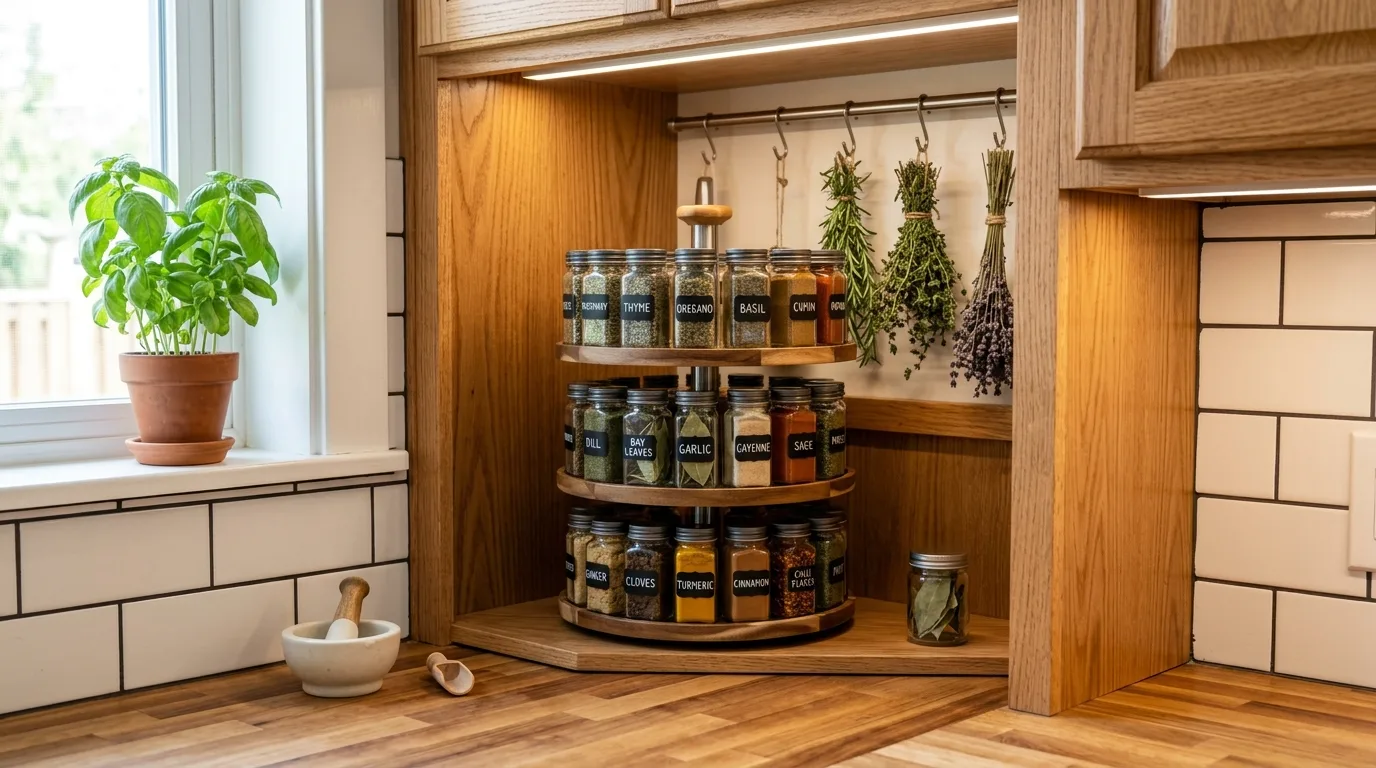 Small kitchen herb storage nook with rotating spice carousel and labeled jars.