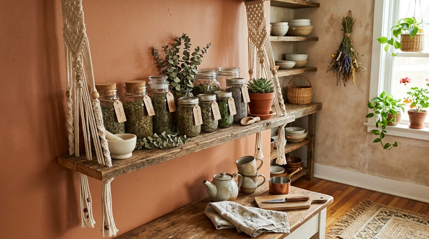 Boho kitchen corner with decorative herb jars and macrame shelf holders.