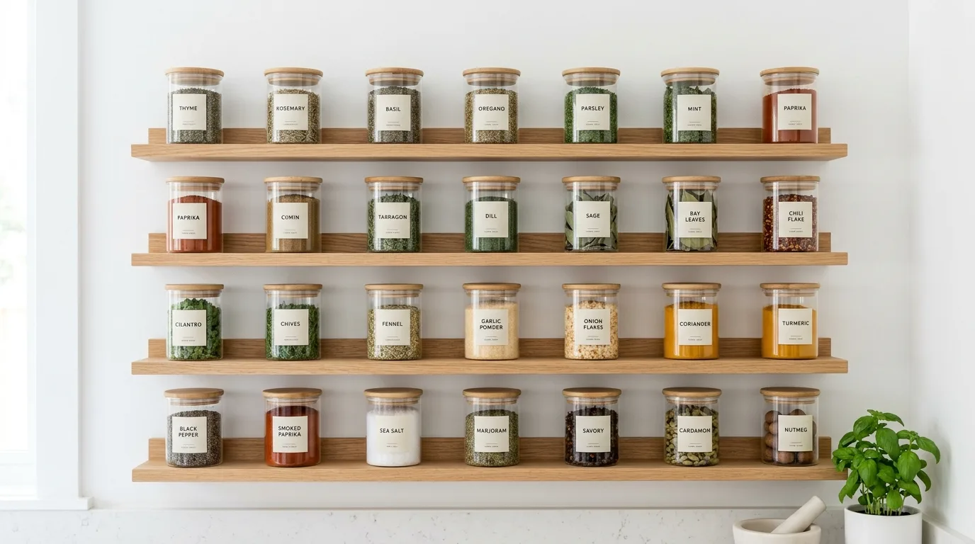 Minimalist herb storage wall with uniform jars and sleek labels.