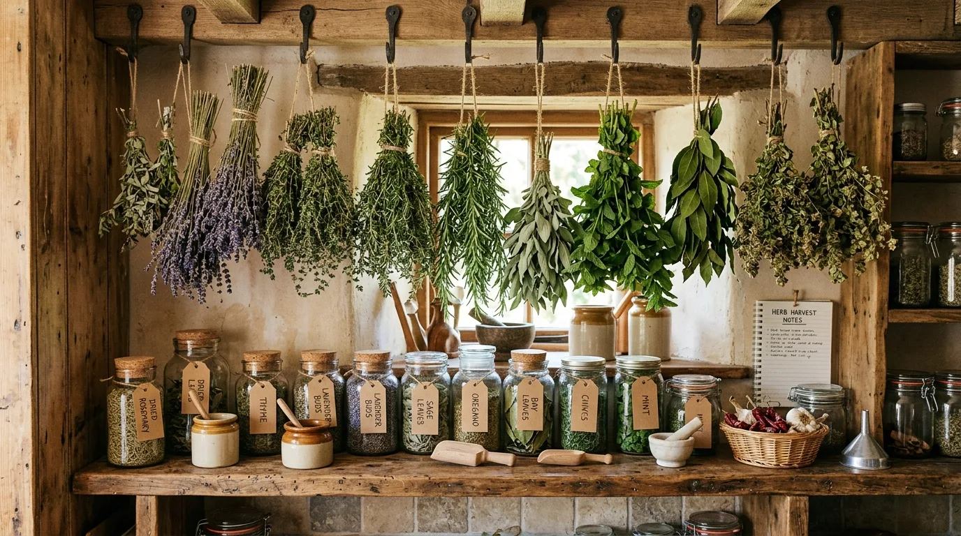 DIY herb drying and storage corner with hanging bundles above jars.