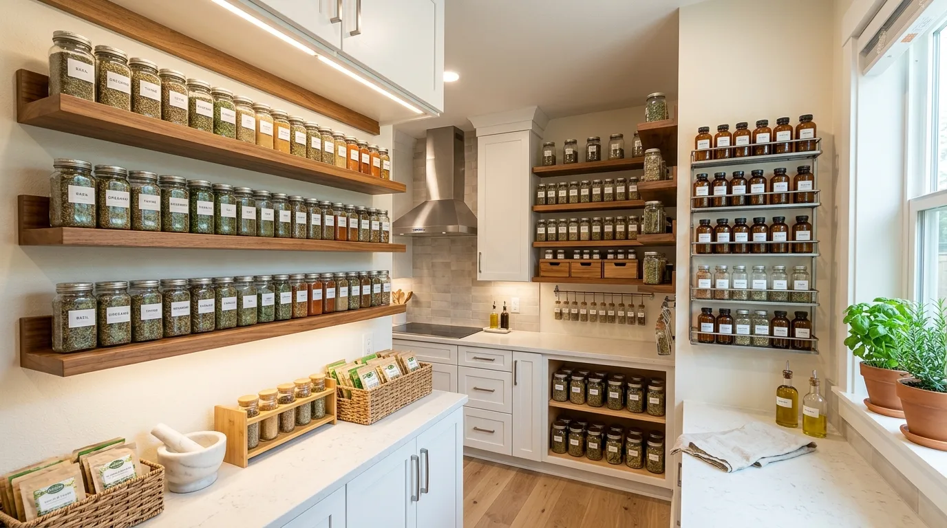 Fully organized kitchen corner featuring multiple dry herb storage systems.