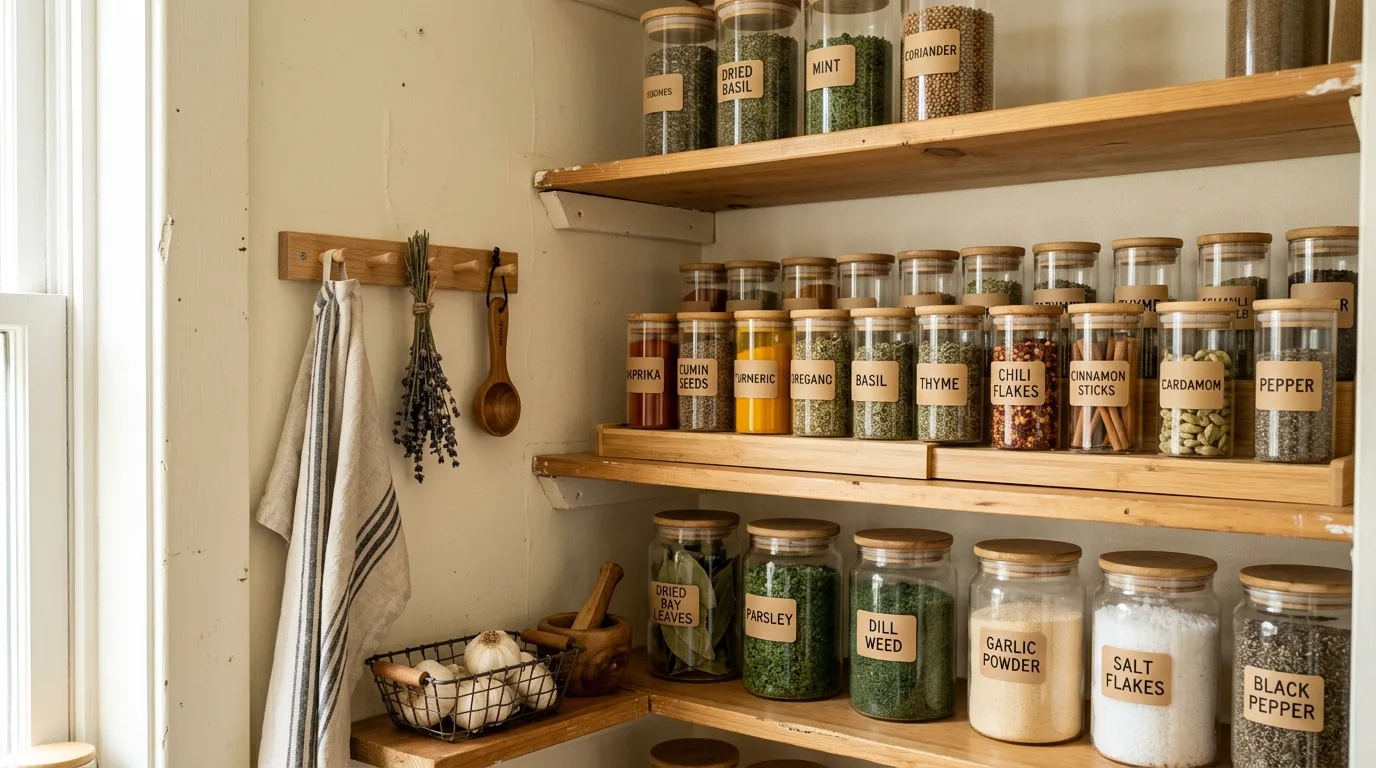 Small pantry corner with neatly stacked spice containers and labeled dried herbs.