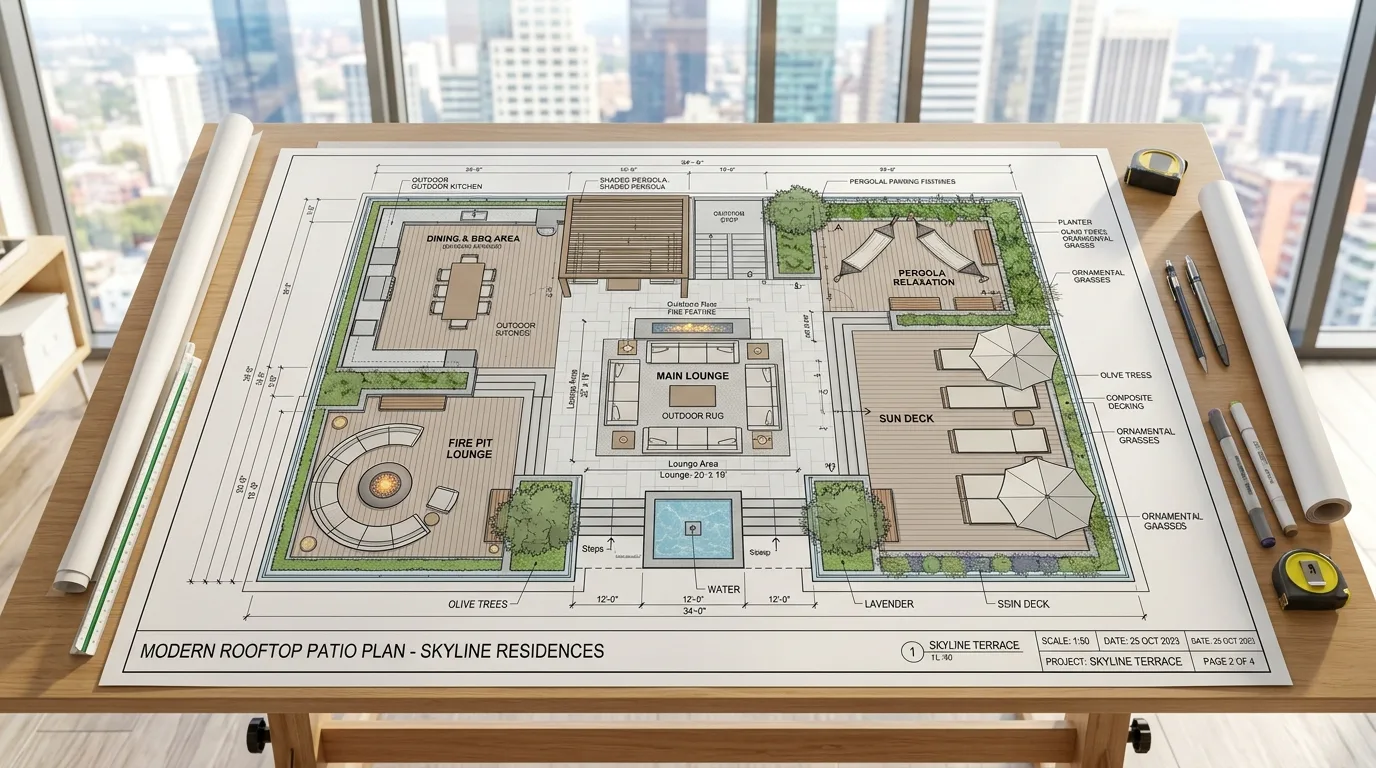 Modern rooftop patio plan with furniture zones marked against a city backdrop.