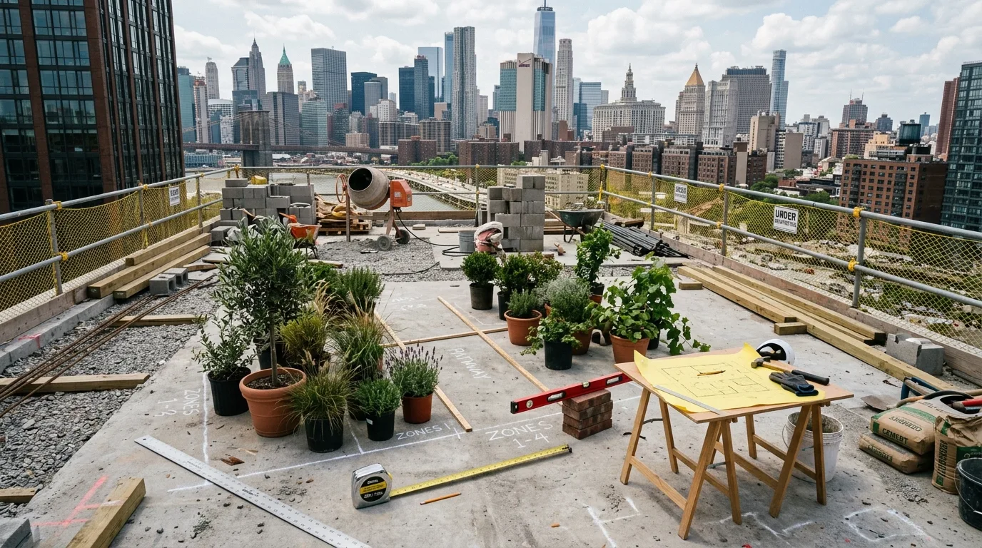 Rooftop terrace under construction with measuring tools and potted plants for layout testing.