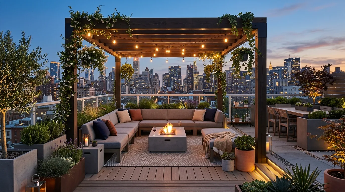 Finished rooftop patio with modular seating, pergola structure, and planters.