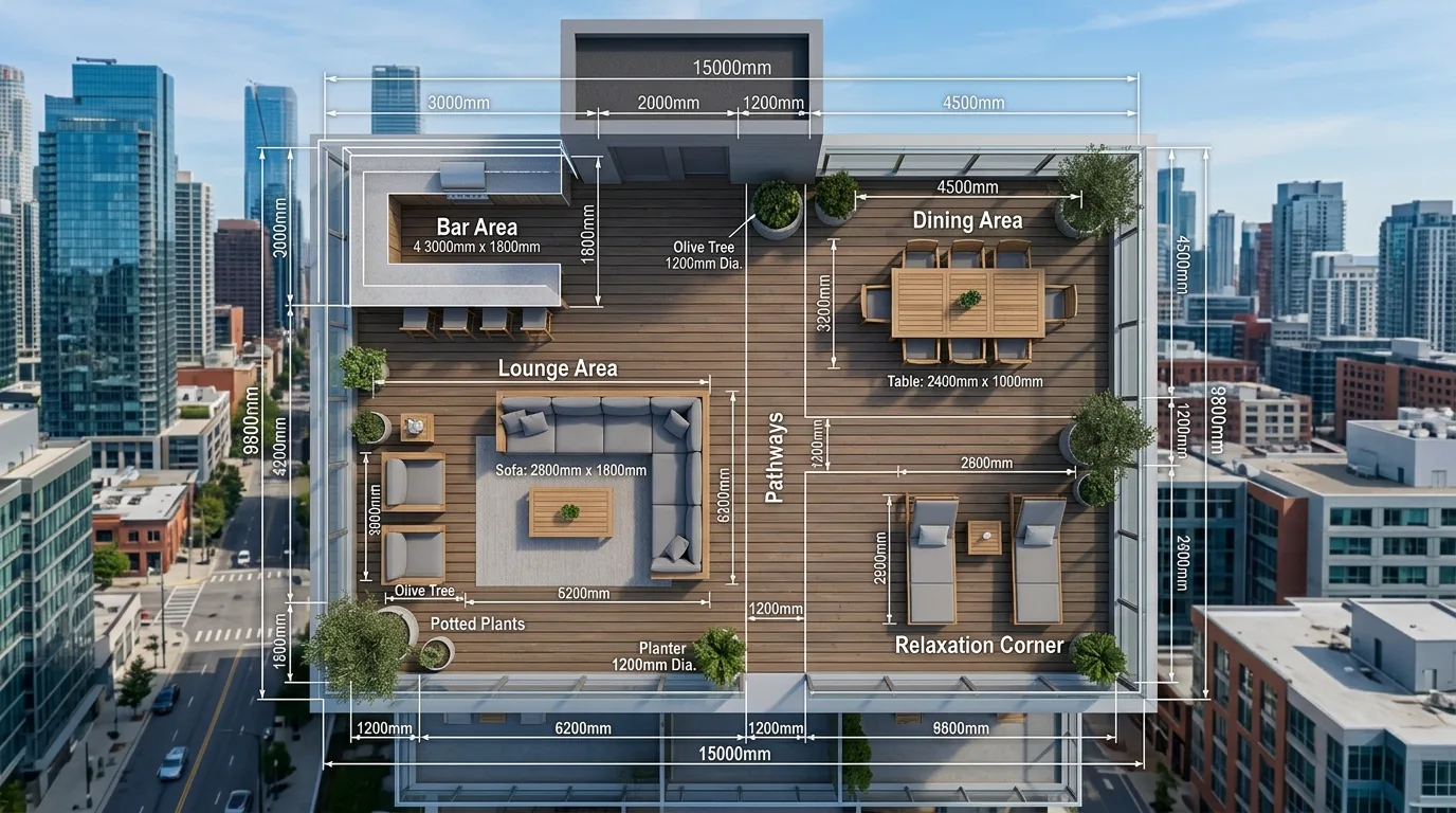Rooftop patio with blueprint-style planning overlay showing measurements and furniture placement.