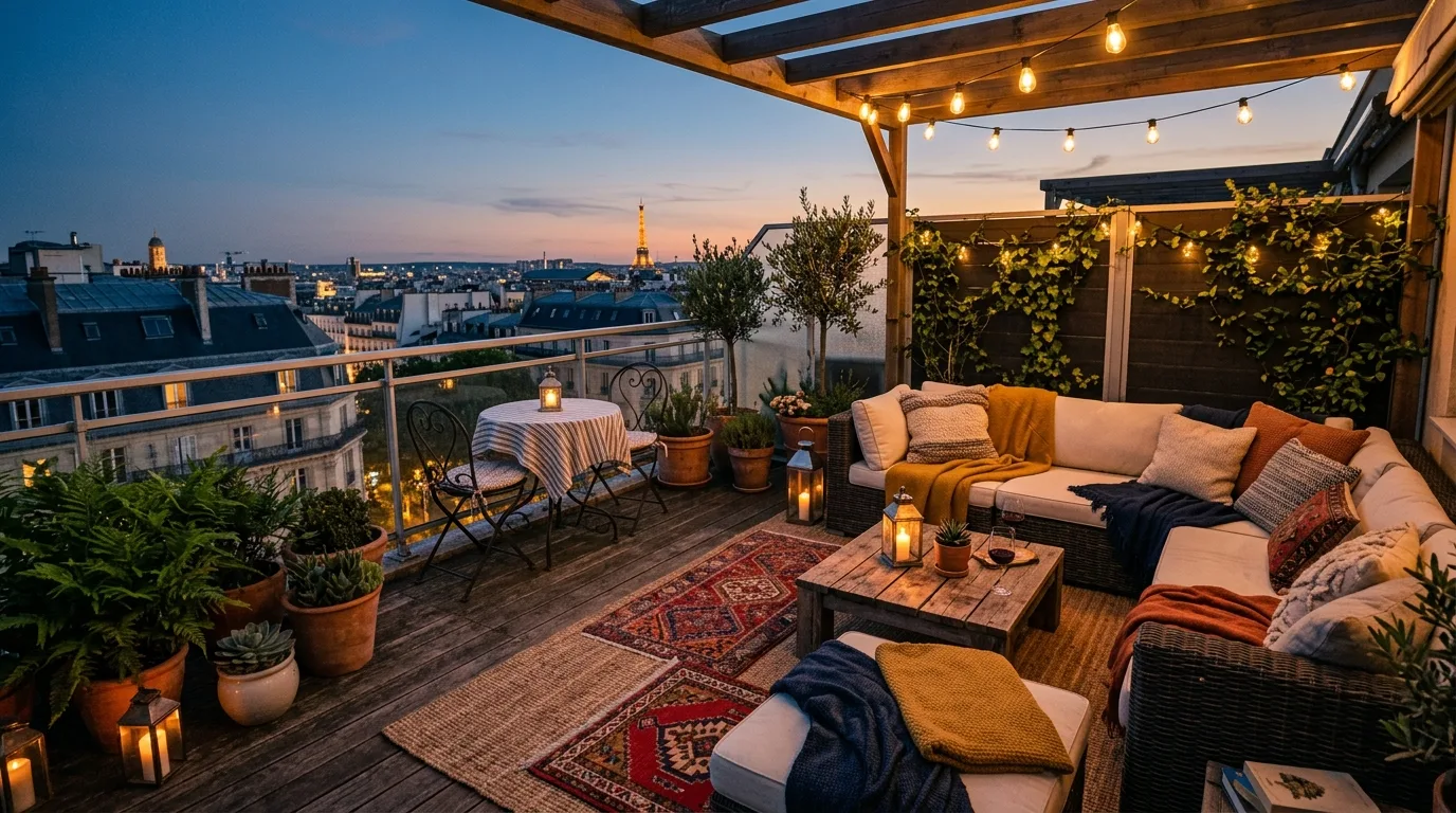 Cozy rooftop patio with layered rugs, sectional seating, and defined zones.
