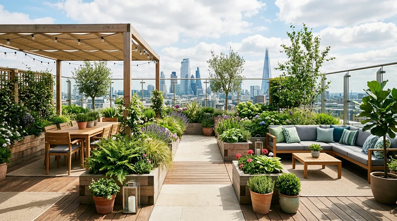 Rooftop garden patio with integrated planter boxes separating functional zones.