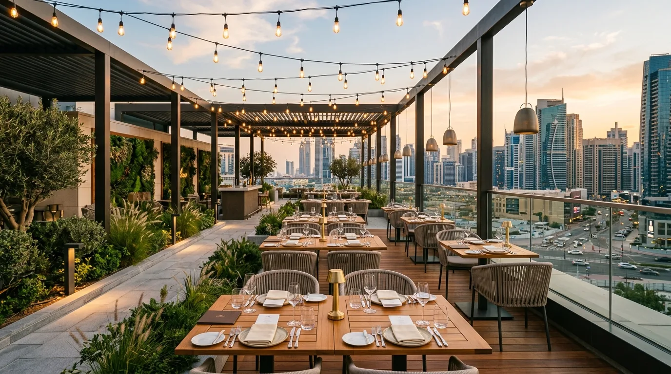 Rooftop dining area with a planned layout of table, chairs, and lighting fixtures.