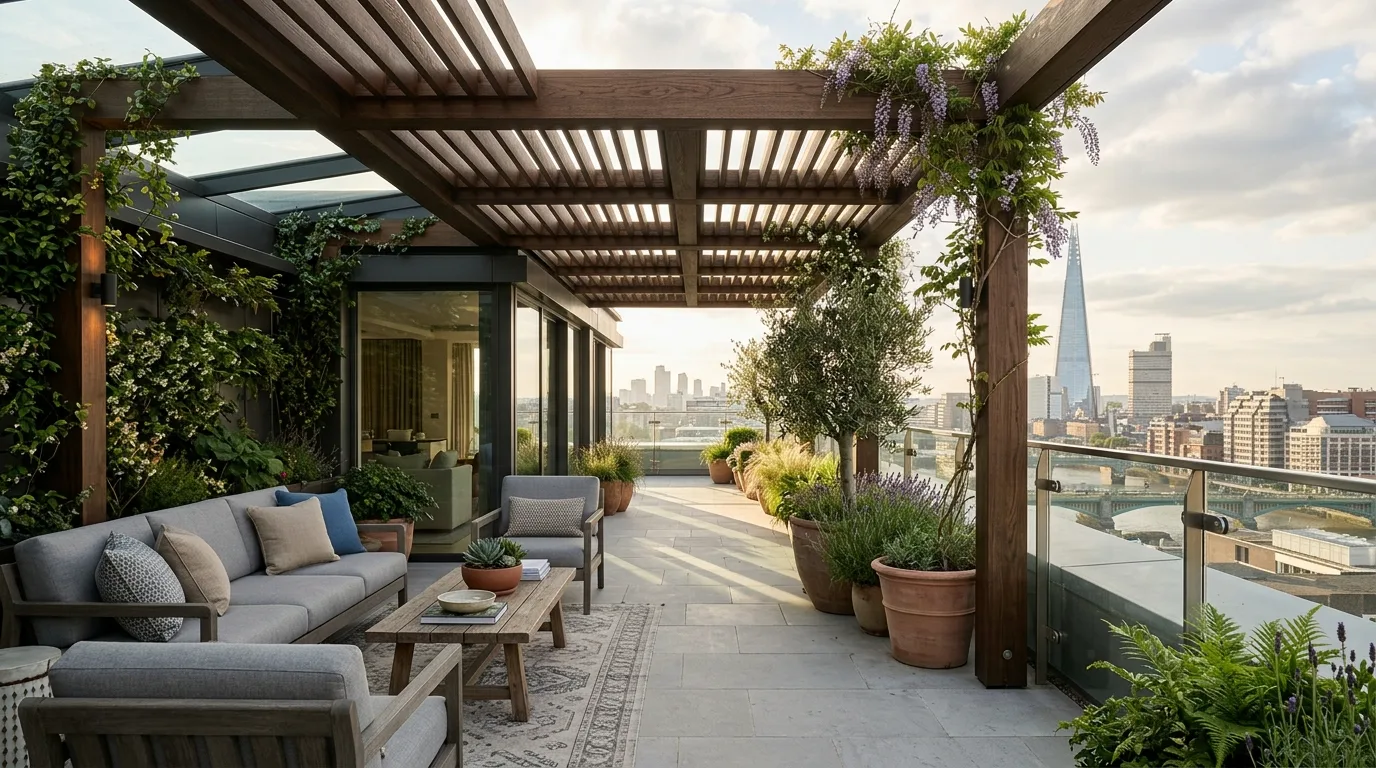 Rooftop patio with pergola placement and shade planning.