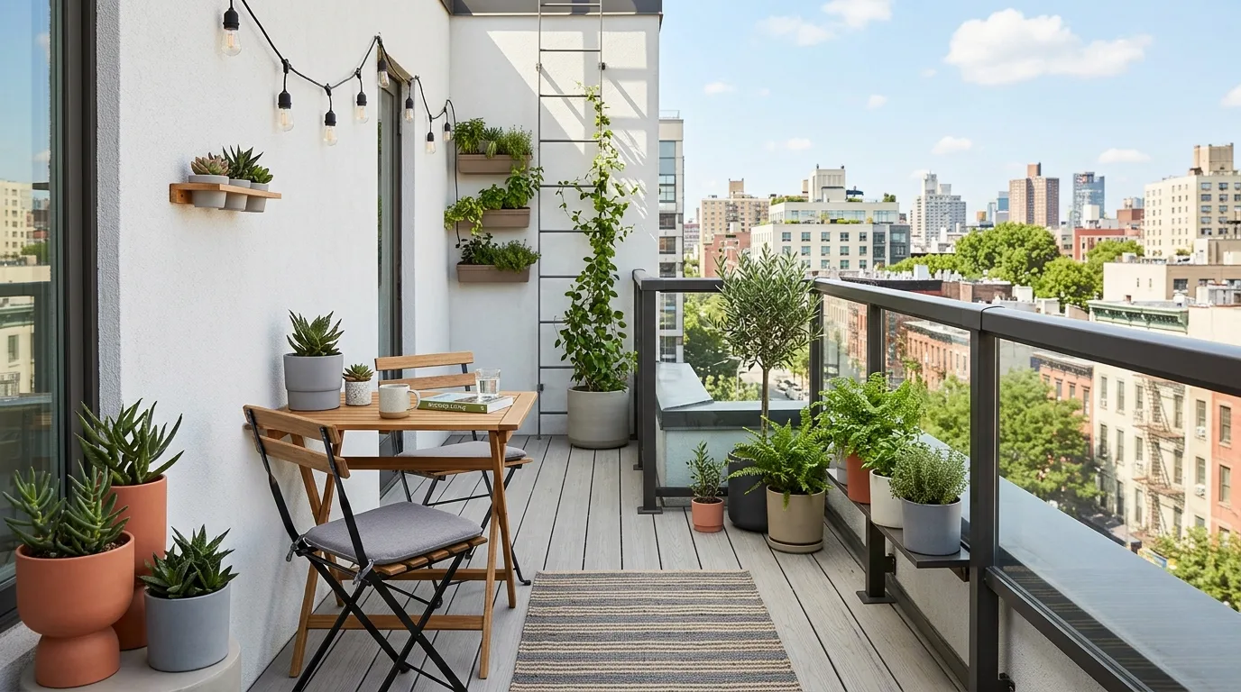 Compact rooftop patio with smart space-saving furniture arrangement.