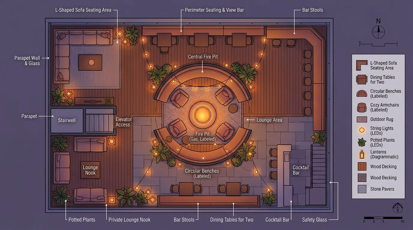 Rooftop lounge area with fire pit placement and seating plan clearly defined.