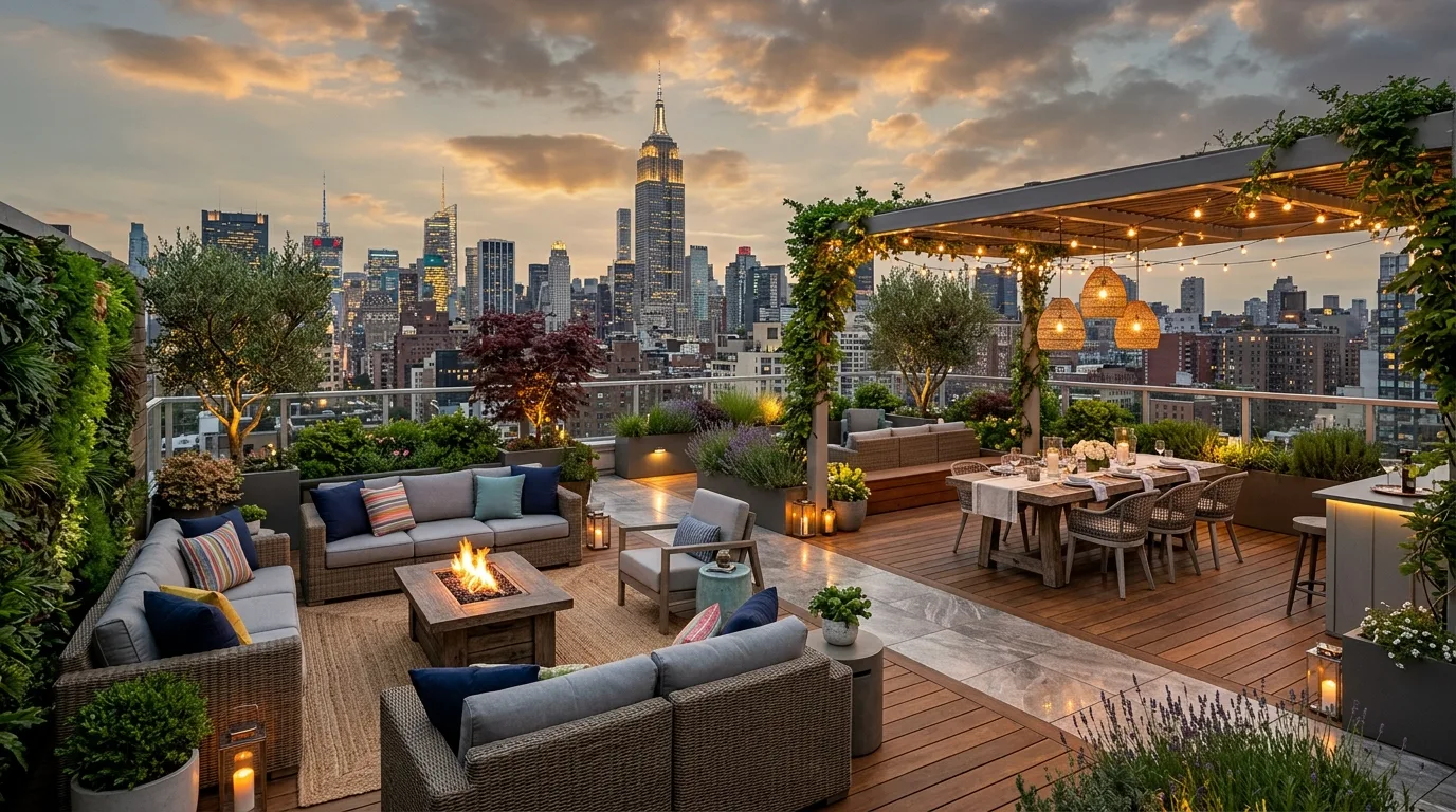 Fully planned rooftop patio with organized zones for seating, dining, greenery, and lighting.