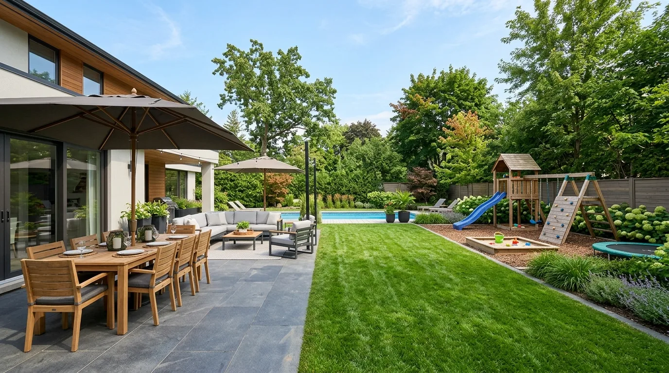 Large backyard layout with distinct zones for dining, lounging, and play.
