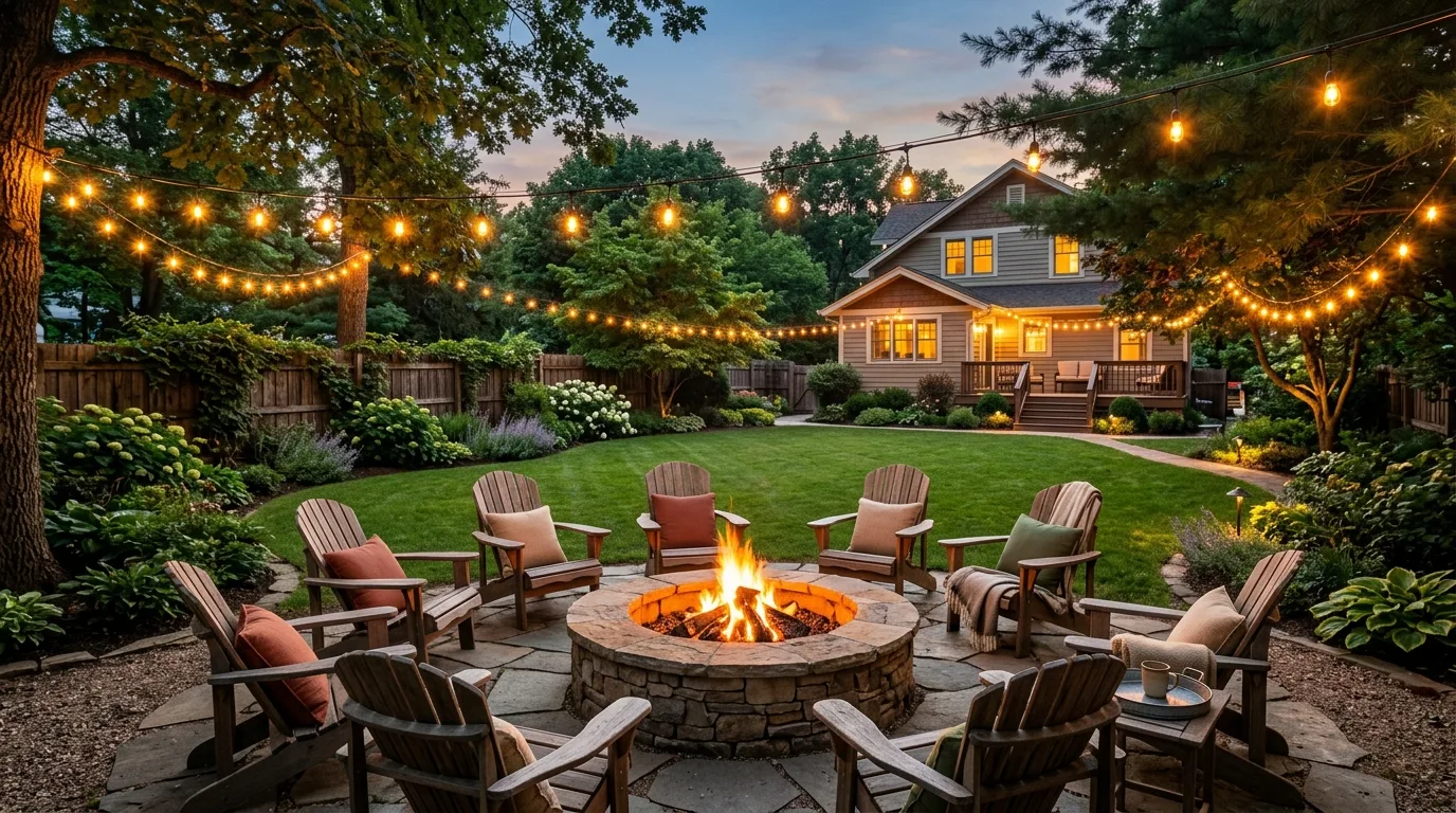 Large backyard with central fire pit seating area and open lawn.