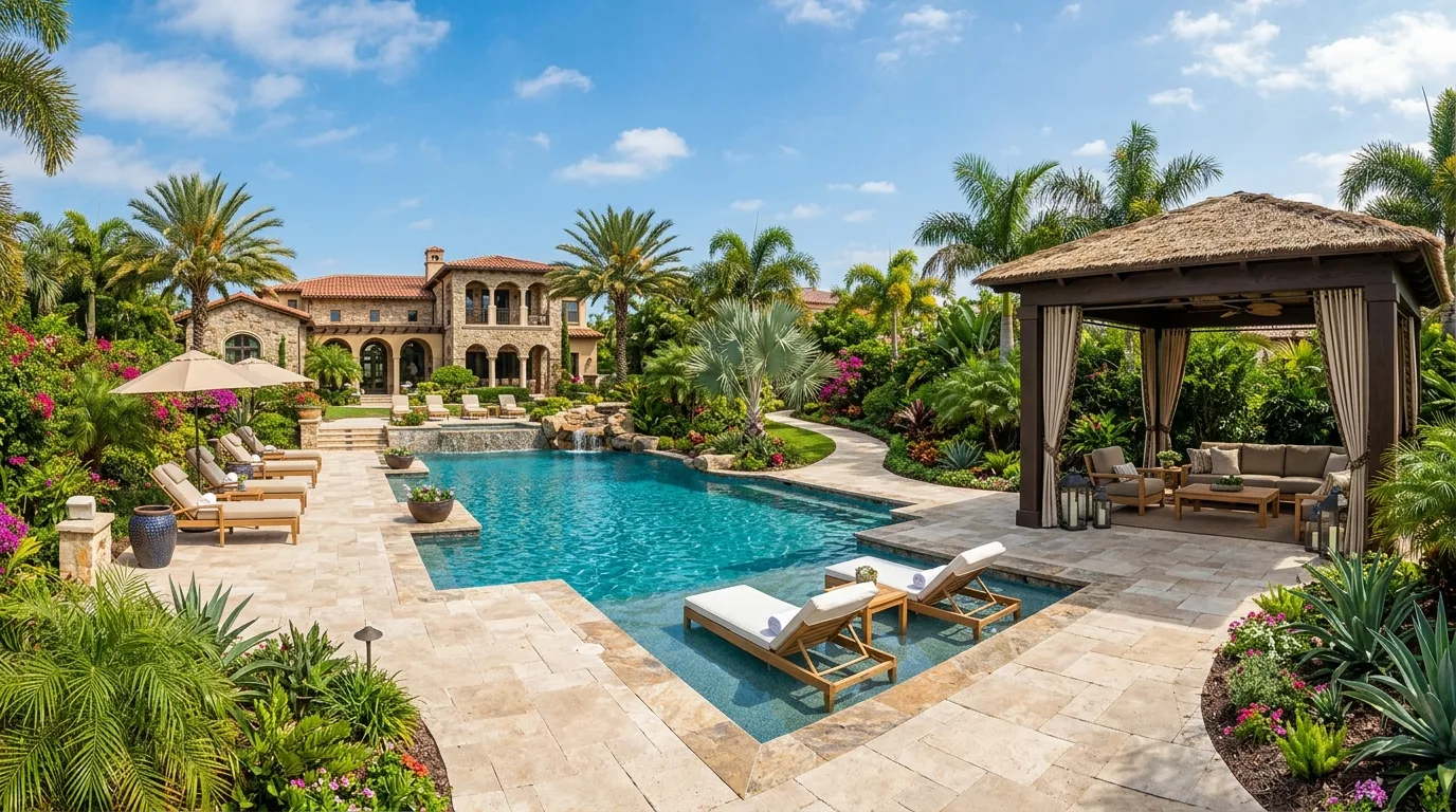 Luxury backyard with pool, cabana lounge, and landscaped pathways.