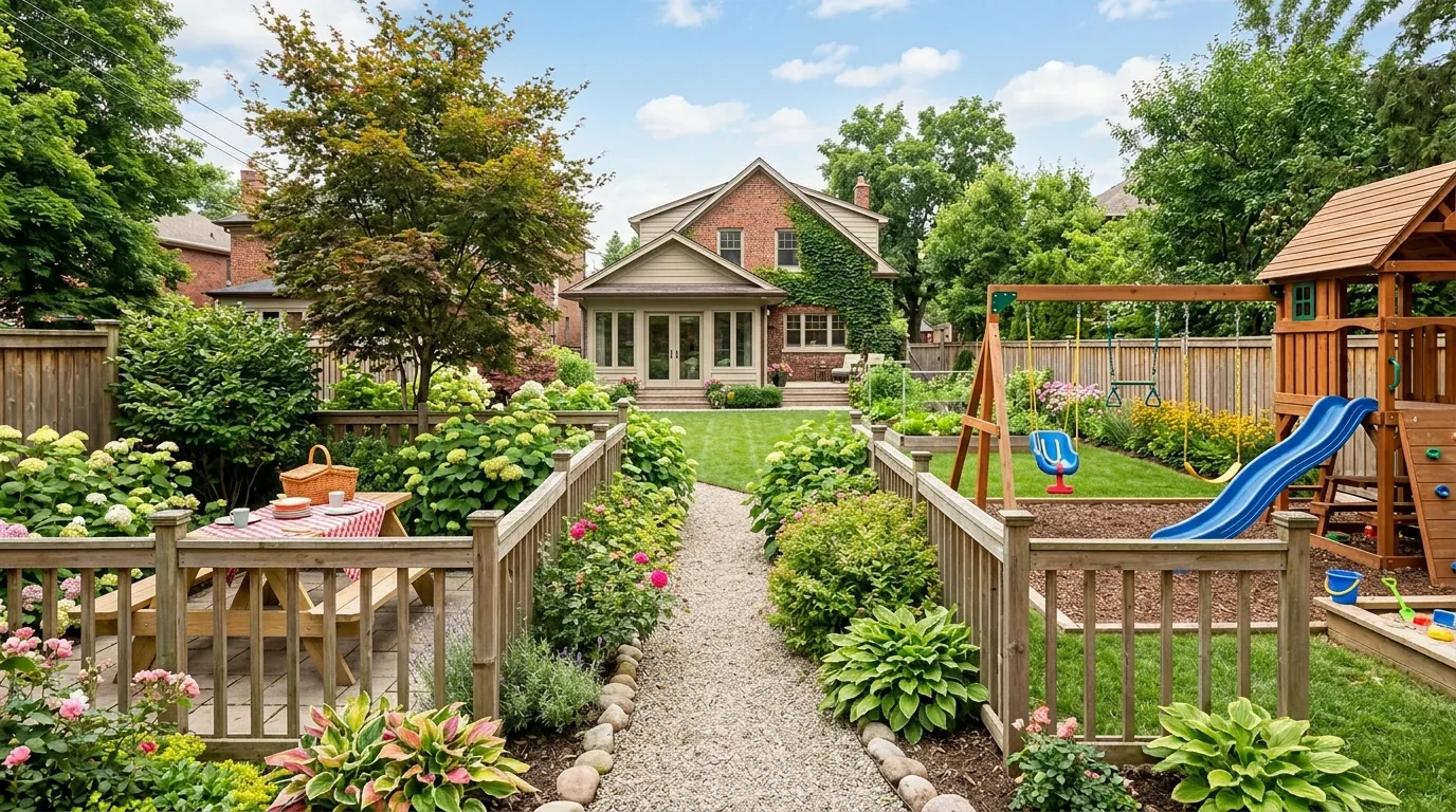 Family-friendly backyard with play zone, swing set, and picnic area separated by greenery.