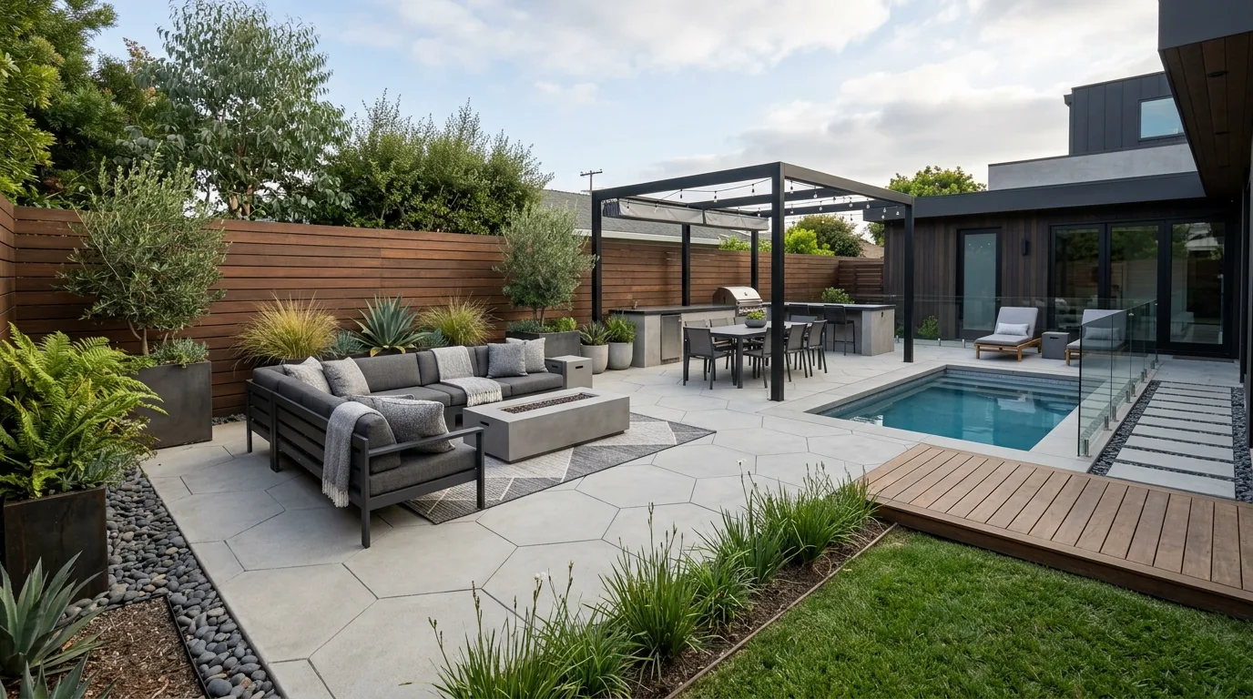 Modern backyard with geometric patio tiles and minimal landscaping zones.