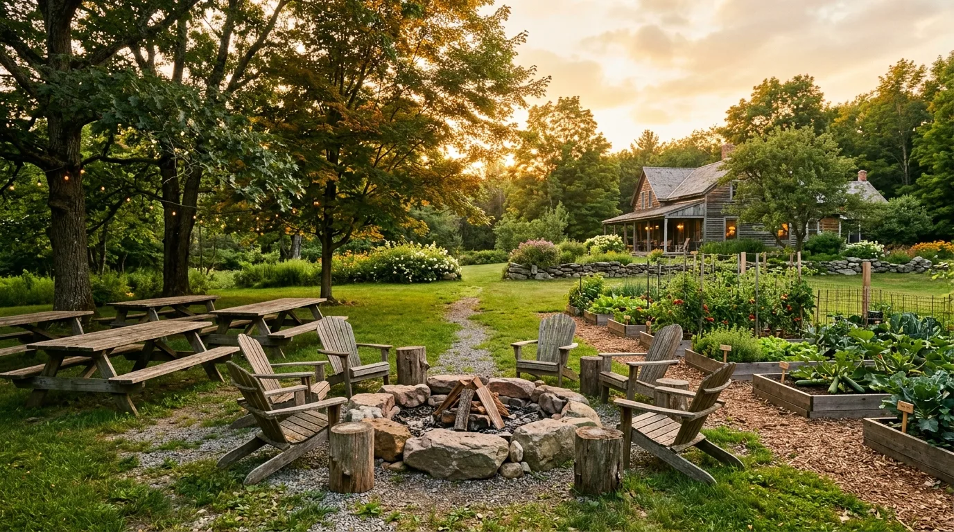 Rustic backyard with picnic tables, fire pit, and vegetable beds.