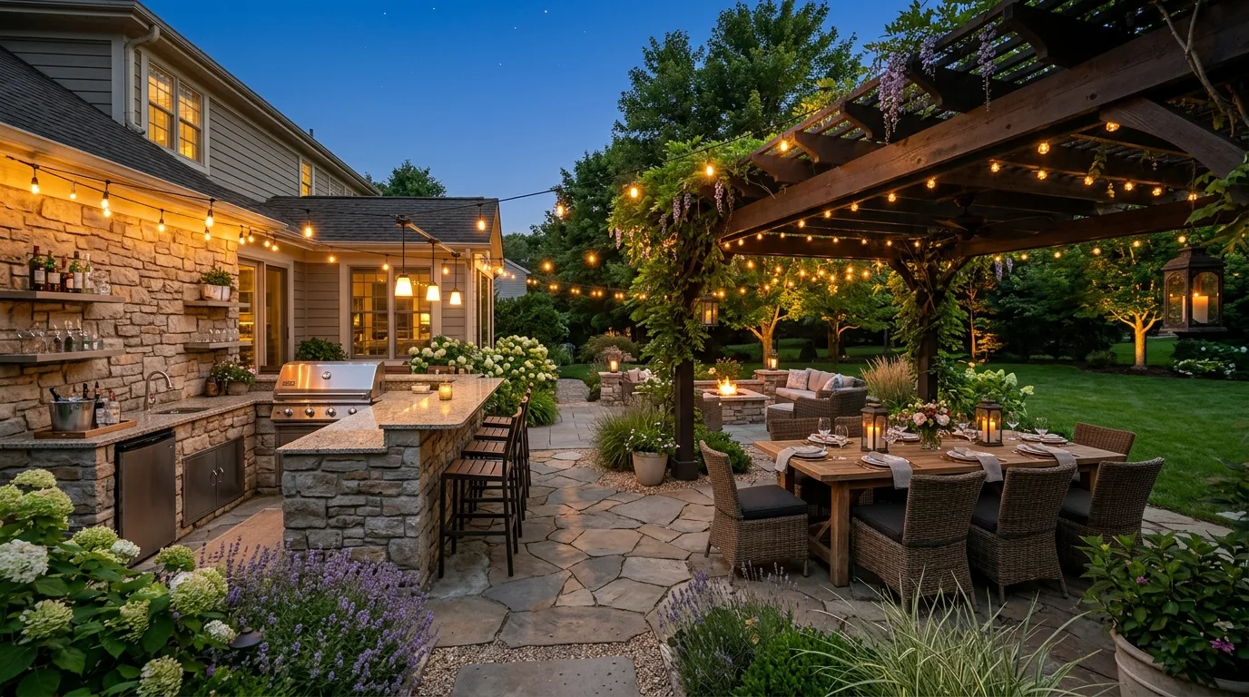 Backyard entertaining space with outdoor kitchen, bar seating, and covered pergola dining.