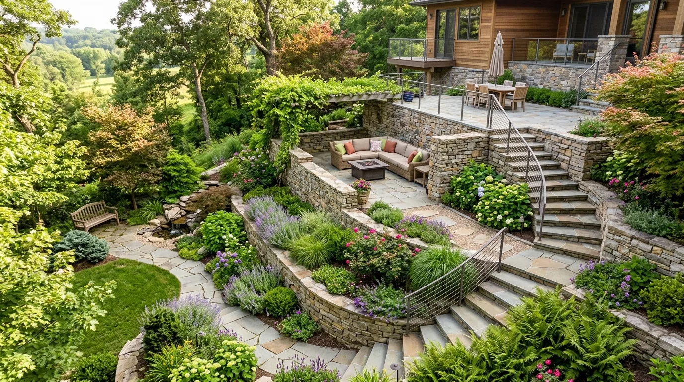 Multi-level backyard with terraced seating, steps, and layered planting beds.